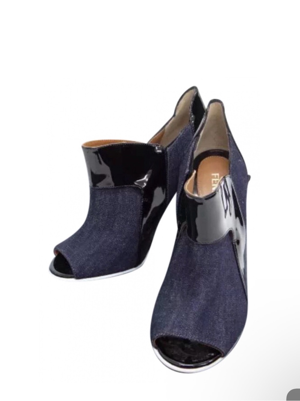 Fendi Navy Denim and Black Patent Peep-Toe Mules